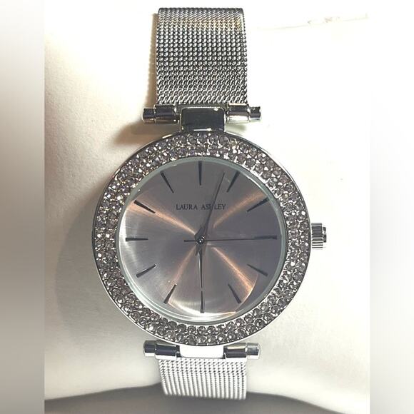 NEW Laura Ashley WATCH Ladies Silver TBar Crystal Bezel Mesh Band Buckle Strap - Picture 2 of 8
